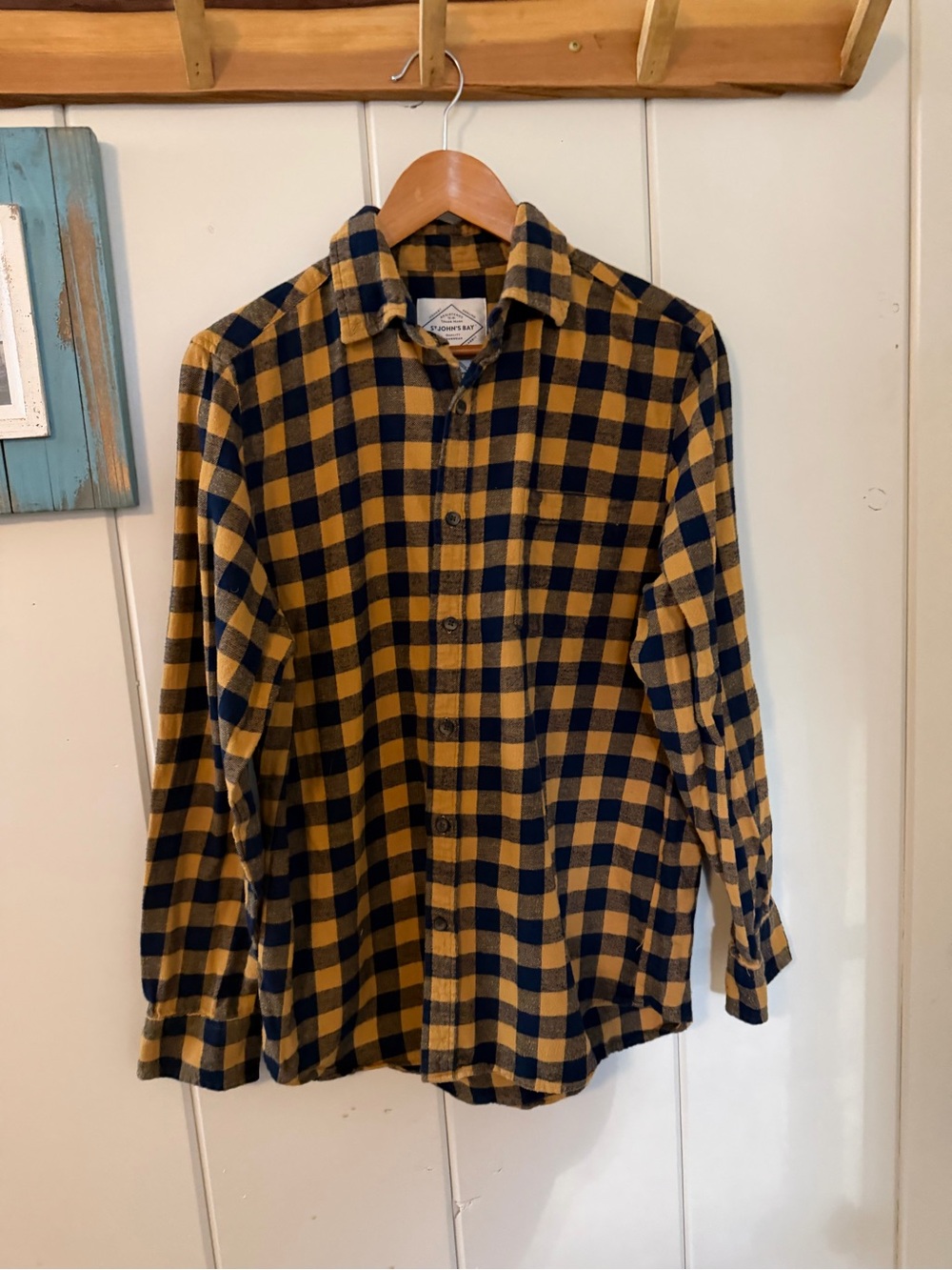 St. John’s Bay Men’s M Mustard Navy Buffalo Plaid Cotton Flannel Shirt